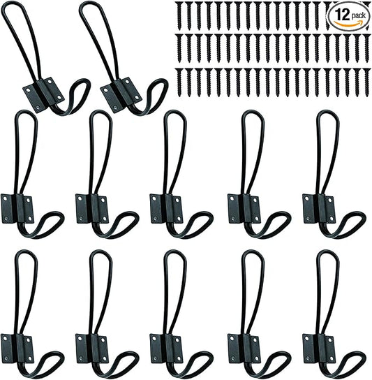 Rustic Entryway Hooks-12 Pack Farmhouse Hooks with Metal Screws Included, Black Decorative Wall Mounted Rustic Coat Hooks Rack, Double Vintage Organizer Hanging Wire Hook Clothes Hanger