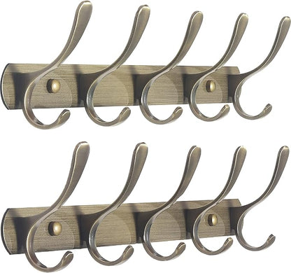 SKOLOO Coat Rack Wall Mount - Modern, Metal Wall Coat Rack with 5 Hooks, Pack of 2, Sturdy Wall Hook Rack Rail for Hanging Coat, Jacket, Clothes, Hat, Bronze