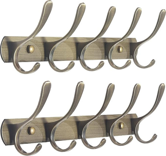 SKOLOO Coat Rack Wall Mount - Modern, Metal Wall Coat Rack with 5 Hooks, Pack of 2, Sturdy Wall Hook Rack Rail for Hanging Coat, Jacket, Clothes, Hat, Bronze