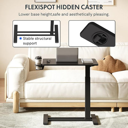 FLEXISPOT H7 Adjustable Overbed Bedside Table with Wheels Pneumatic Mobile Standing Desk Laptop Desk Rolling Computer Cart Movable Overbed Tables Hospital Home Use(27.6" W x 15.7" D, Black Table)