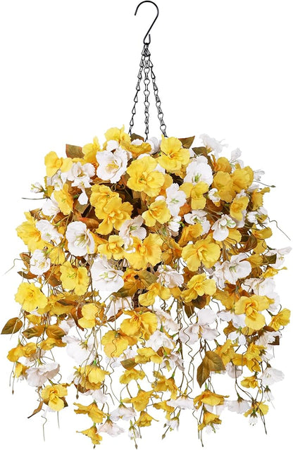 Artificial Fake Fall Hanging Flowers Plants Baskets for Outdoor Decoration, 5Pcs Faux Silk Hibiscus Long Vines in Planter UV Resistant Realistic Flower for Outside Home Porch Patio Garden