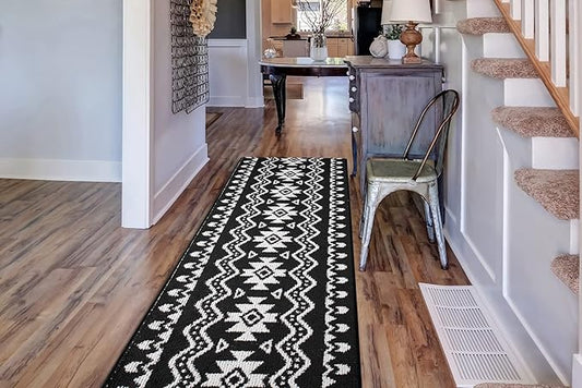 Custom Length Cut to Size Tribal Ethnic Southwestern Inspired Hallway Runner Rug, Non Slip Rubber Backed, 31 inch Wide X Customized Length, Aztec Black, 31 inch X 35 feet