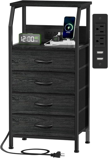 Furnulem Night Stand with Charging Station, 4 Drawer Dresser with Storage Shelf, 33.3 Inch Tall Side Table, Fabric End Table for Closet, Entryway, Bedside Furniture, 3 Ways to Use, Black Oak
