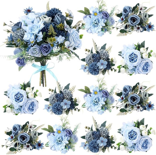 Zeyune 12 Bundles Artificial Peonies Flowers Artificial Silk Rose Faux Dahlia Fake Chamomile Hydrangea Bouquet Bulk for Vase Home Wedding Centerpiece Party Decoration(Indigo,Gradient Blue)