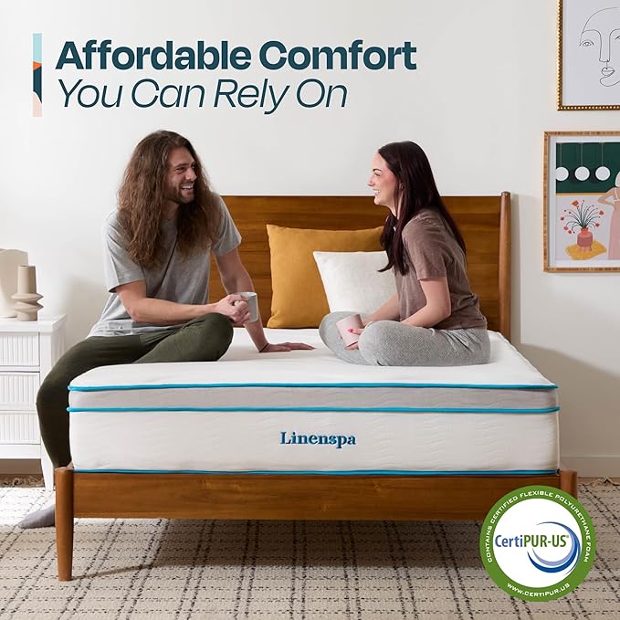 Linenspa 12 Inch Memory Foam and Spring Hybrid Mattress - Medium Plush Feel - Bed in a Box - Pressure Relief and Adaptive Support - Breathable - Cooling - Primary Bedroom - King Size