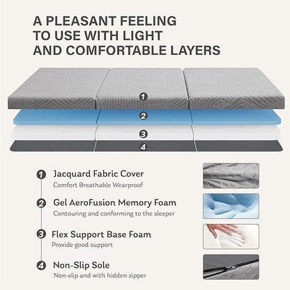Tri-Fold Memory Foam Mattress, 6 inch Full Folding Topper with Collapsible and Washable Cover, Travel and Guest Mat, 75"×54"×6", Grey