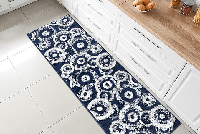 Custom Length Cut to Size Retro Modern Coastal Carpet Runner Rug for Hallways, Non Slip Rubber Backed, 31 inch Wide X Customized Length, Geo Blue, 31 inch X 13 feet