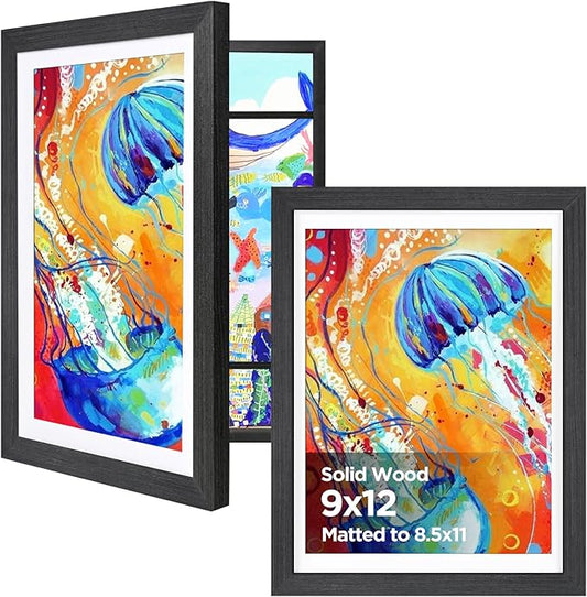 KINLINK 9x12 Kids Art Frames Set of 2, Solid Wood Kids Artwork Frames Changeable with Acrylic Front Opening Holds 150 Pictures, Art Frame for Kids Artwork with Mat or without Mat, Black Wood