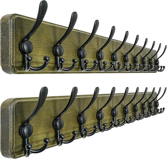 Dseap Coat Rack Wall - Heavy-Duty 38-1/4" Long, with Reinforced 10 Custom Tri-Hooks, Solid Wood Wall Hanger for Coats Hat Jackets - Rustic Farmhouse Entryway Storage,Weathered Green & Black,Pack of 2