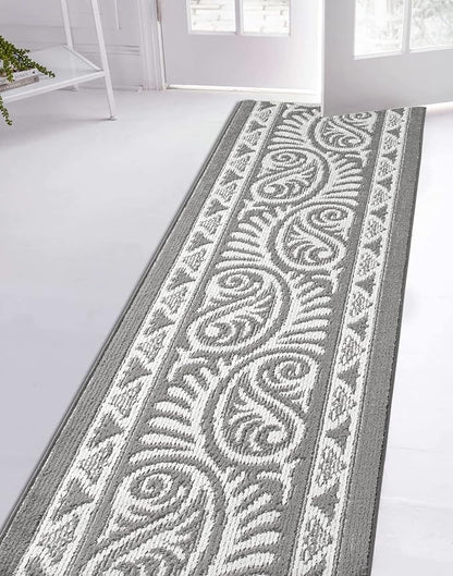 Custom Length Cut to Size Tribal Ethnic Southwestern Inspired Hallway Runner Rug, Non Slip Rubber Backed, 31 inch Wide X Customized Length, Mayan Grey, 31 inch X 22 feet