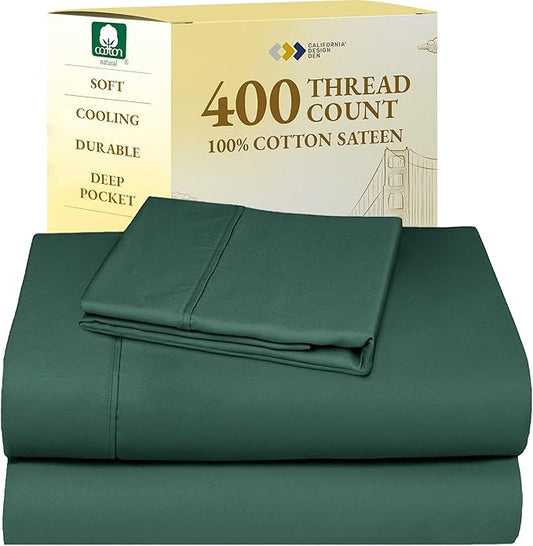 California Design Den Soft Twin Sheets Set - 400 Thread Count Sateen, Natural 100% Cotton Sheets, Deep Pockets, Cooling and Durable Bedding Set for Dorm Rooms & Adults - Hunter Green