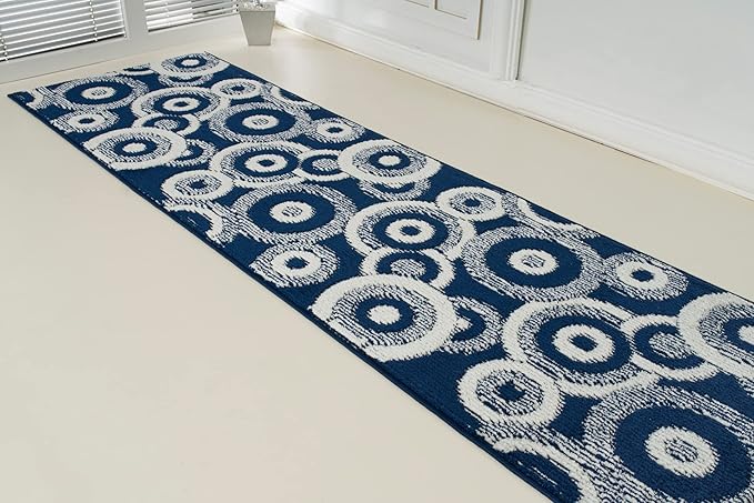 Custom Length Cut to Size Retro Modern Coastal Carpet Runner Rug for Hallways, Non Slip Rubber Backed, 31 inch Wide X Customized Length, Geo Blue, 31 inch X 5 feet