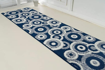 Custom Length Cut to Size Retro Modern Coastal Carpet Runner Rug for Hallways, Non Slip Rubber Backed, 31 inch Wide X Customized Length, Geo Blue, 31 inch X 5 feet