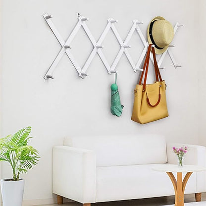 WEBI Accordion Wall Hanger,Expandable Wooden Hat Rack for Wall Mounted Coat Rack,Accordion Hat Hooks Holder for Baseball Caps,17 Peg Hooks,White
