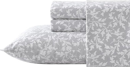 Laura Ashley - Flannel Sheets King Size, Anti-Pilling & Wrinkle Resistant Cotton, Touchably Soft for All-Season Comfort - Bed Sheets with Matching Pillowcases & Fitted Sheet (Crestwood Pastel Grey)