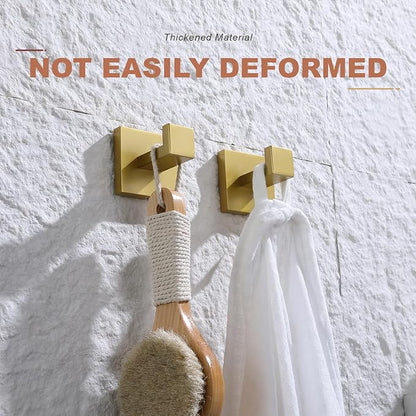TASTOS Bath Towel Hooks Brushed Gold, 4 Pack Stainless Steel Robe Coat and Clothes Hook, Heavy Duty Wall Hook for Bathroom & Kitchen, Modern Square Style Wall Mounted…
