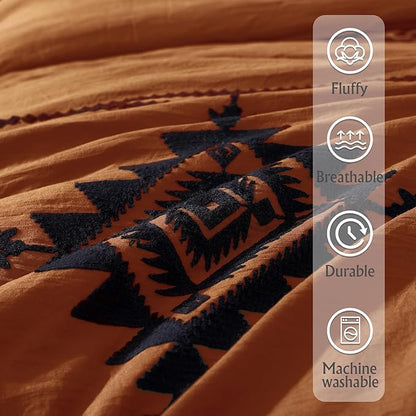 MaiRêve Burnt Orange Embroidery Comforter Set King Size - 7 Pieces, Farmhouse Western Bedding Sets All Season, Boho Bed in A Bag King with Sheets, Comforters, Pillowcases & Shams