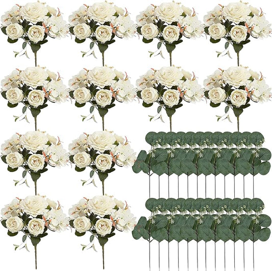 Peony Artificial Flowers, Faux Peonies Hydrangea Eucalyptus Bouquet 12 Packs Silk Vintage Realistic Peony Floral Arrangement for Wedding Centerpiece Table Vase Home Party Decor-Ivory White