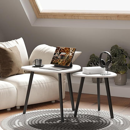 BAMEOS Bamboo Nesting Triangle End Table,Set of 2 Coffee Table Modern Minimalist Side Table for Living Room (Marble White)