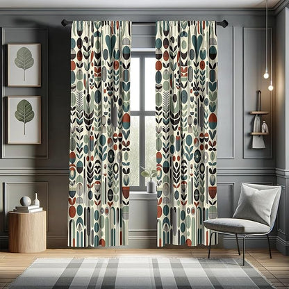 Ambesonne Leafy Art Window Curtains Pack of 2, Scandinavian Leaves Pattern with Geometric Roundy Modern Boho Print, Lightweight Set with Rod Pocket, 4 Panels of - 28" x 63", Pale Green Redwood Teal