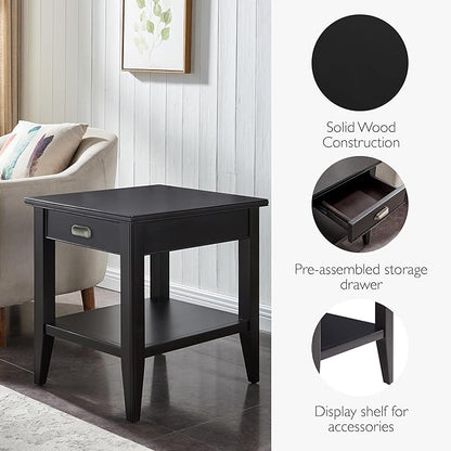 Leick Home Laurent End Table, Solid Wood, 1 Drawer, Bottom Display Shelf, Easy Assembly, for Bedroom/Living Room, Black, 24.0 in L x 20.0 in. W x 24.0 in. H, 10507-BK