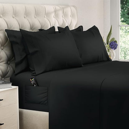 DREAMCARE Queen Sheet Set – 6 pcs Cooling Bed Sheets – up to 21” Deep Pocket Queen Sheets Set – 2500 Supreme Collection – Extra Soft 100% Brushed Microfiber Hotel Luxury with Side Pocket – Black