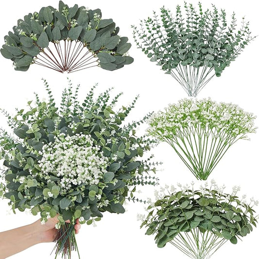 240 Pcs 4 Kinds Mixed Faux Eucalyptus Stems, Baby Breath Flowers Artificial Bulk with Greenery Stems for DIY Bouquets Wedding Home Floral Greenery Decor