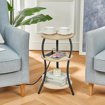Small Round Side Table with Charging Station, 3-Tier Waist Circular End Table with Storage Shelf, Compact Tea Sofa Side Table Small Spaces, Round Corner Coffee Table for Living Room Bedroon,Oak