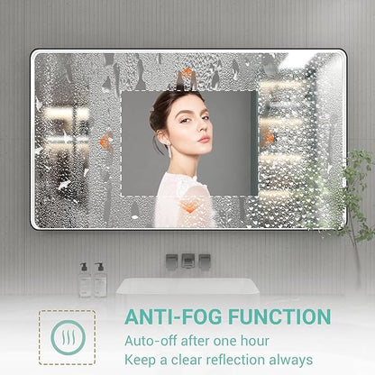 55x32 Inch LED Bathroom Mirror with Lights, Black Metal Framed LED Mirror for Bathroom, 3 Colors and Stepless Dimmable Wall Mounted Lighted Bathroom Vanity Mirror, Anti-Fog, Memory