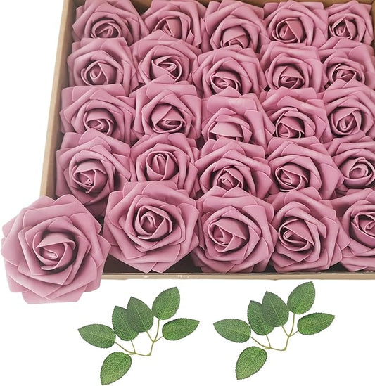 Artificial Flowers 25pcs Fake Roses, Rouge Foam Rose Faux Flower for DIY Wedding Bouquets Bridal Shower Centerpieces Floral Arrangements Home Decorations Party Backdrops Table