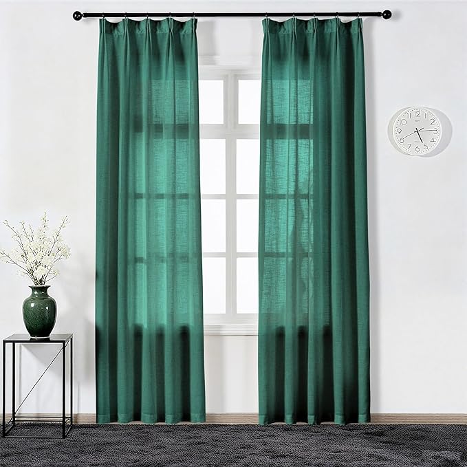 Emerald Green Curtains Semi Sheer 108 Inch Long, Dark Linen Textured Light Filtering Drapes for Living Room, Hunter Green Window Decor, Floor to Ceiling Pinch Pleat Curtain with Hooks