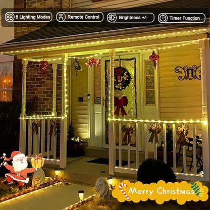 JMEXSUSS 100 LED Battery Operated Rope Lights Outdoor Waterproof, 33ft 8 Modes Battery Powered String Lights with Remote Outdoor for Trampoline Camping Tent Patio Garden Christmas Decor (Warm White)