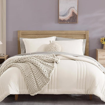Monbix California King Size Comforter Set - 7 Pieces Bed in a Bag California King, White Bedding Sets with Comforter, All Seasons Down Alternative Comforter Bed Set with Sheets, Pillowcases & Shams