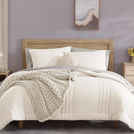 Monbix Full Comforter Set - 7 Pieces White Bed in a Bag Full Size Bedding Sets with Comforters, All Seasons Down Alternative Comforter with Sheets,Pillowcases & Shams