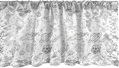Ambesonne Cartoon Window Valance, Doodle Solar System Astronauts Space Crafts Shooting Stars Science Fiction Theme, Curtain Valance for Kitchen Bedroom Decor with Rod Pocket, 54" X 18", White Black