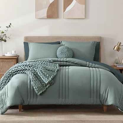 Monbix King Size Comforter Set - 7 Pieces Bed in a Bag King, Sage Green Bedding Sets with Comforter, All Seasons Comforter Bed Set with Sheets, Pillowcases & Shams