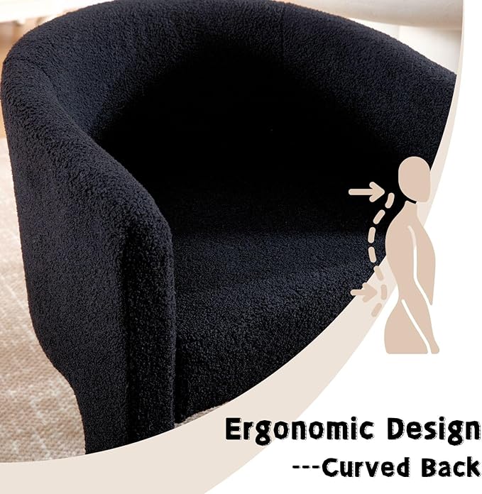 Modern Sherpa Barrel Dining Chairs Set of 4, Upholstered Boucle Accent Chairs With Arms, Comfy Makeup Vanity Seating for Dining, Living Room, Kitchen - Black
