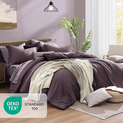 Monbix Oversized Queen Comforter Set - 7 Pieces Cationic Dyeing Italian Plum Bed in a Bag Bedding Sets with Comforter, Sheets, Pillowcases & Shams, Reversible Bedding Comforters Sets