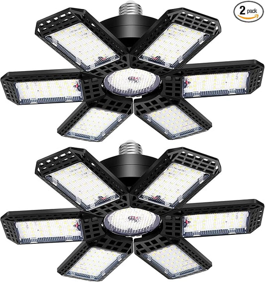 2 Pack Garage Light, 200W 20000LM 6500K LED Shop Lights, Garage Lights Ceiling Led with 6+1 Deformable Panels, Screw in E26/E27 Socket Bulb for Warehouse, Workshop, Basement, Barn Lighting