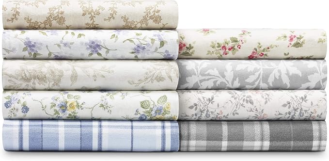 Laura Ashley - Flannel Sheets Full Size, Anti-Pilling & Wrinkle Resistant Cotton, Touchably Soft for All-Season Comfort - Bed Sheets with Matching Pillowcases & Fitted Sheet (Le Fleur Cottage Blue)