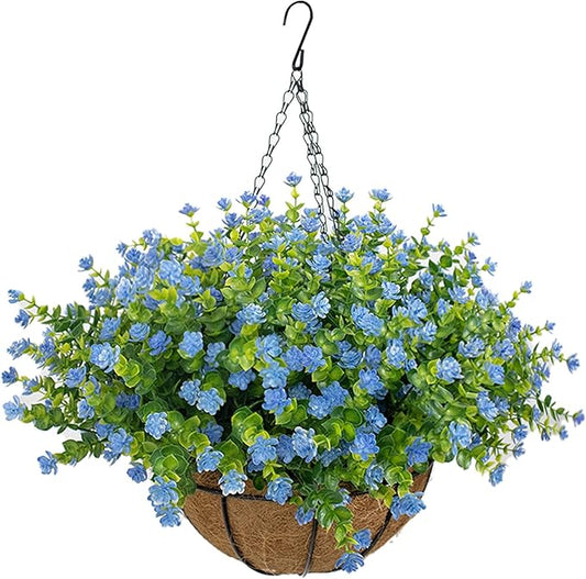 Artificial Hanging Flowers Basket for Outdoor, 16 Fake Flowers Look Real UV Resistant, Faux Hanging Plants for Porch, Balcony, Patio, Garden, Spring Summer Decor,Blue