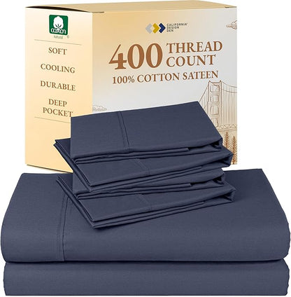California Design Den 6-Pc King Size Sheet Set with 4 Pillowcases - Soft 400 Thread Count 100% Cotton Sheets, Cooling Sateen Weave, Luxury Deep Pocket Bedsheets Set - Indigo Dusty Blue