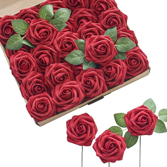 Ling's moment Artificial Flowers 50Pcs Kentucky Red Roses Decor w/Stems,3" Real Touch DIY Foam Floral for Wedding Bouquet/Centerpieces, Outdoors Party Backdrop, Room/Table, and Garden/Pot Decorations