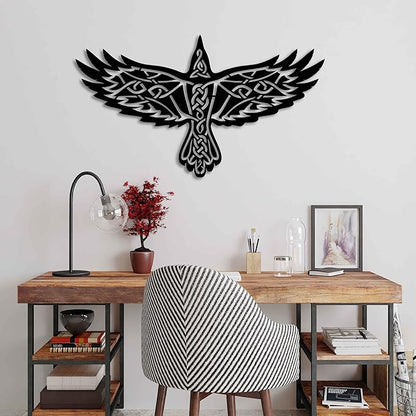 KAWA METALWORKS Nordic Viking Raven Metal Wall Art Decor, Norse Mythology Odin's Raven Wall Sculpture, Gold (Medium - 15.3" x 27" H x W)