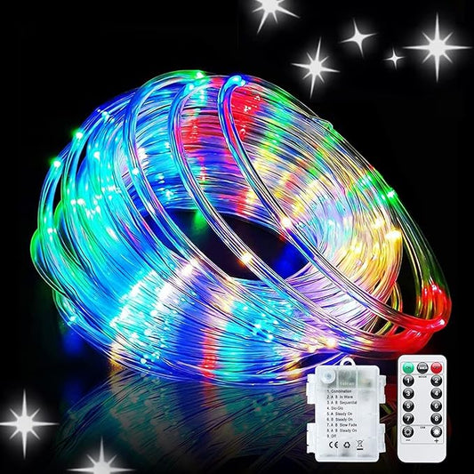 JMEXSUSS 100 LED Christmas Lights Battery Operated Rope Lights Outdoor Waterproof, 33 ft 8 Modes Battery Powered String Lights with Remote for Car Tree Christmas Decor (Multicolor)