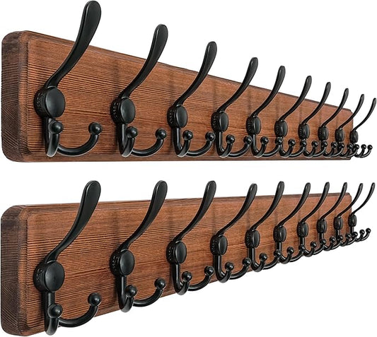 Dseap Coat Rack Wall - Heavy-Duty 38-1/4" Long, with Reinforced 10 Custom Tri-Hooks, Solid Wood Wall Hanger for Coats Hat Jackets - Rustic Farmhouse Entryway Storage, Natural & Black, Pack of 2