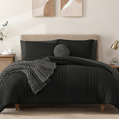 Monbix Queen Comforter Set - 7 Pieces Black Bed in a Bag Queen Bedding Sets with Comforters, All Seasons Down Alternative Comforter Bed Set with Sheets,Pillowcases & Shams
