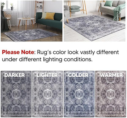 Keen Home Design Area Rugs - Non-Shedding, Thick Pile Abstract Rugs for Kitchen, Living Room, Bedroom, Dining Room, Entryway (Medallion Grey/Blue/Cream, 5'3'' x 7'7'')
