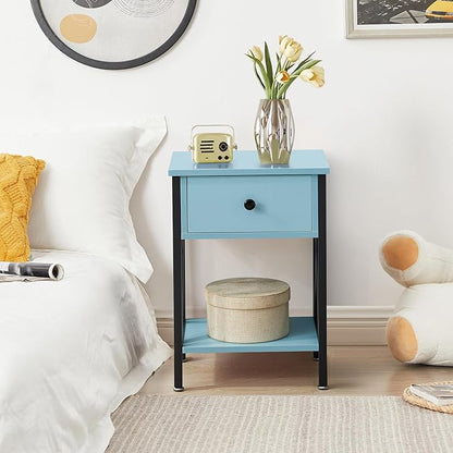 VECELO Nightstands Set of 2, Modern Bedside End Tables, Night Stands with Drawer and Storage Shelf for Living Room Bedroom, Industrial Metal Frame