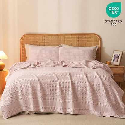 PHF 100% Cotton Waffle Weave Blanket King Size for Bed, Soft Lightweight & Breathable, All-Season Comfort, Luxury Aesthetic Woven Bedding for Home Decor, 108"x90", Pink/Mauve